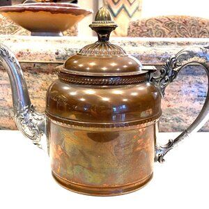 Antique Copper Brass Nickel Teapot, Pitcher, (3 Metals), Rochester Stamping Work